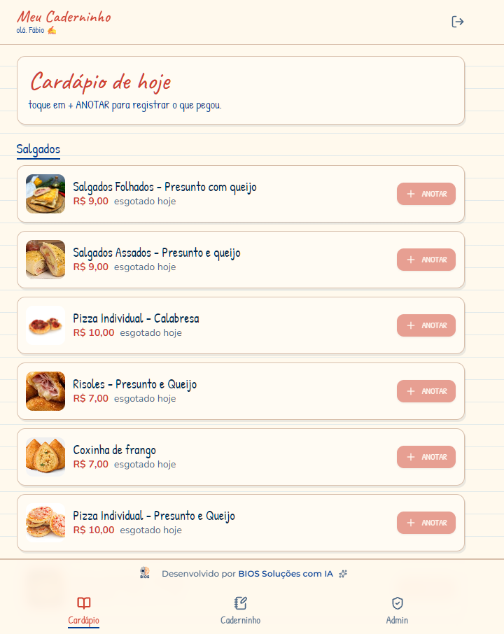 Cardápio do dia do Caderninho Digital com produtos disponíveis