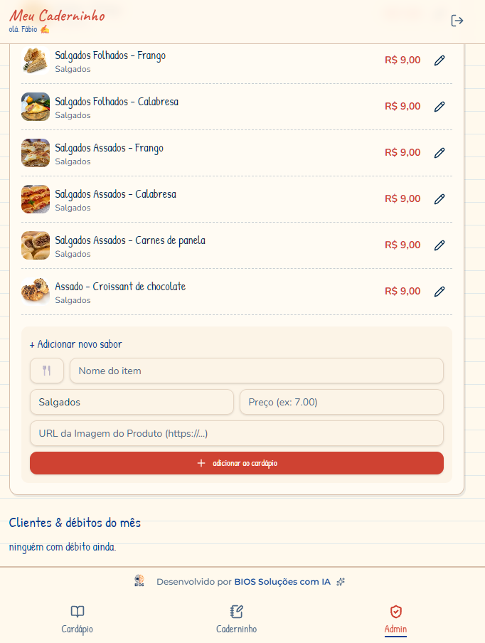 Tela administrativa de gestão do cardápio e preços